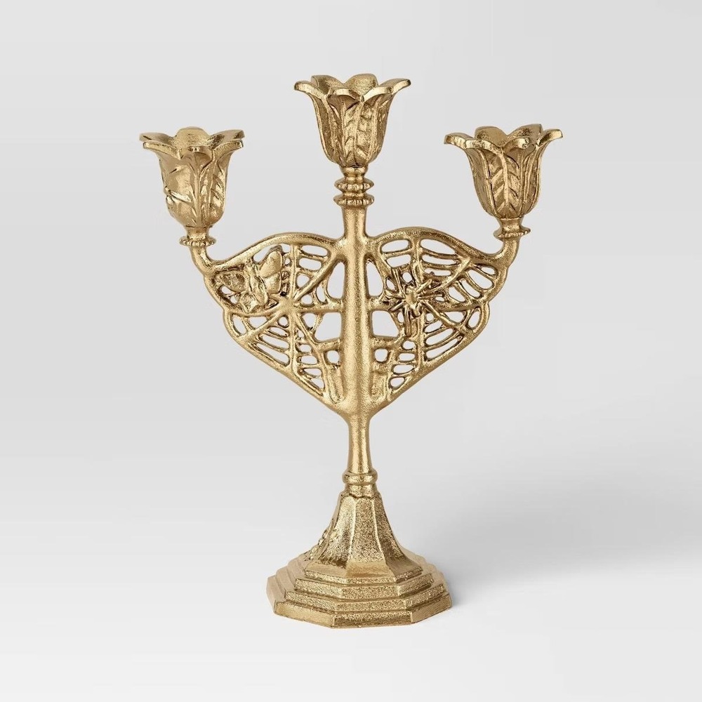 Victorian Halloween Candelabra Gold Metal Triple Taper‎ Holder Gothic Threshold